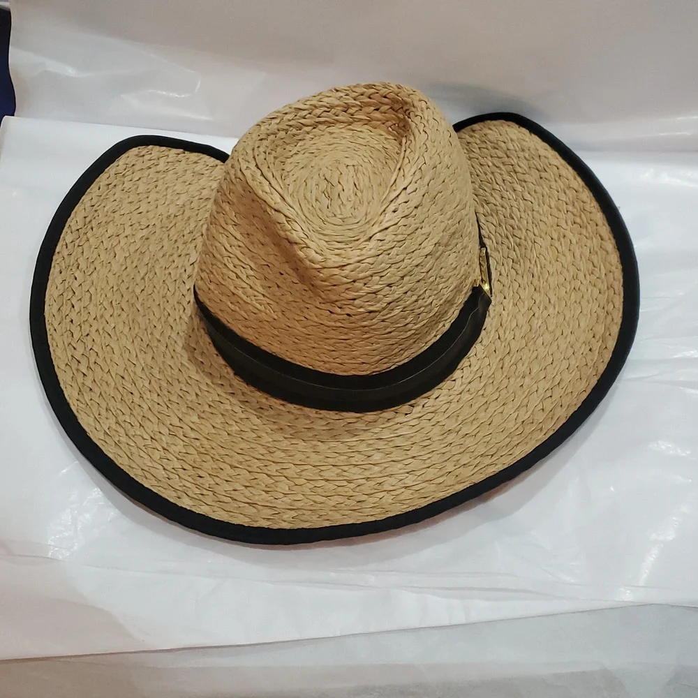 Vince Camuto tan and black ribbon trim straw fedora‎ summer UPF 50+ sun hat new